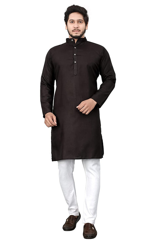 Black Plain Semi Cotton Full Kurta Pajama For Men