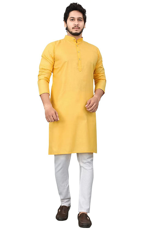 Yellow Plain Semi Cotton Full Kurta Pajama For Men