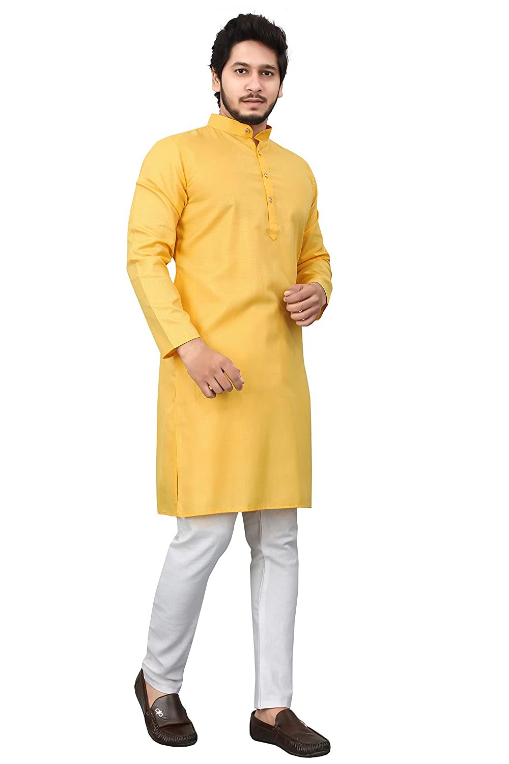 Yellow Plain Semi Cotton Full Kurta Pajama For Men