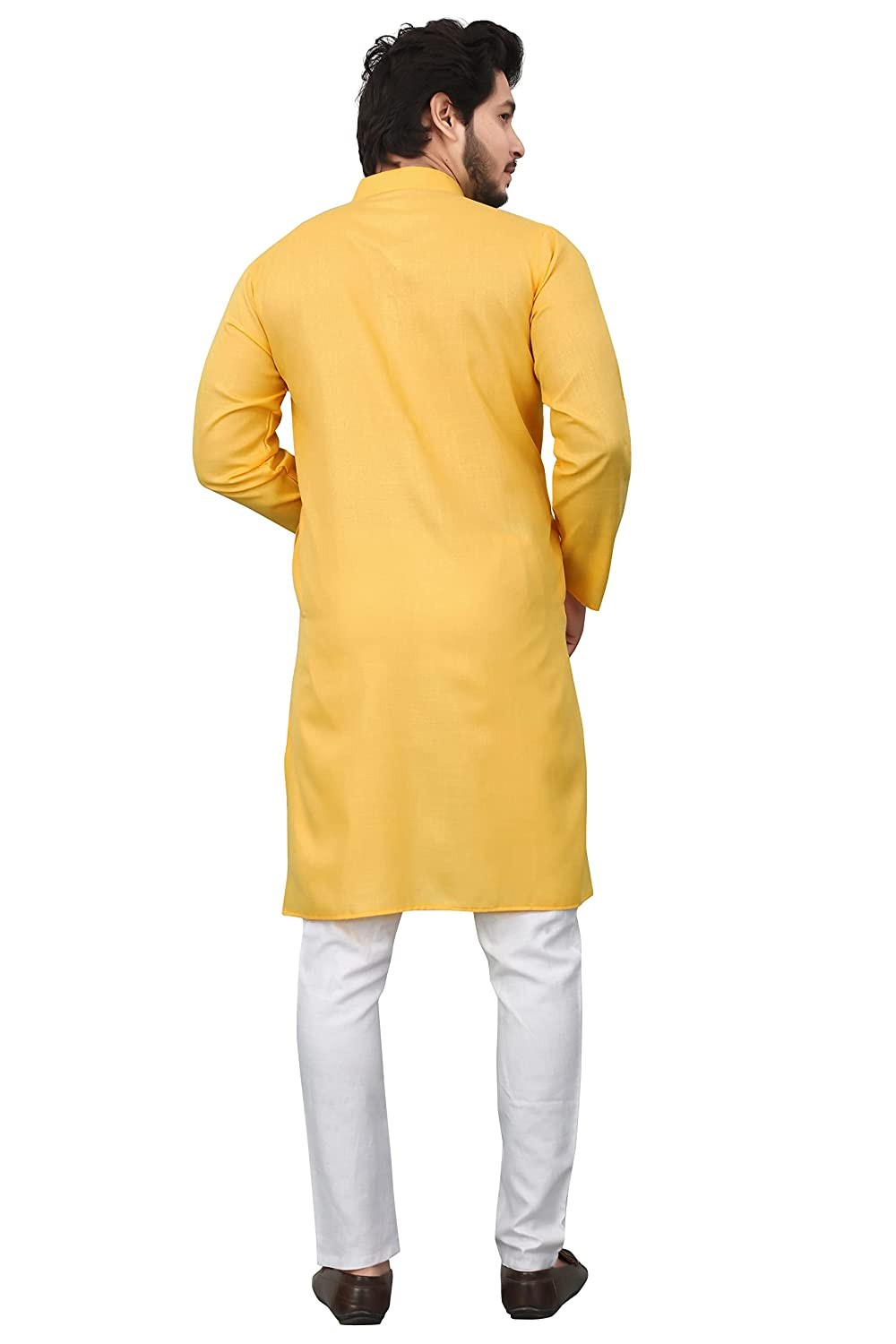 Yellow Plain Semi Cotton Full Kurta Pajama For Men